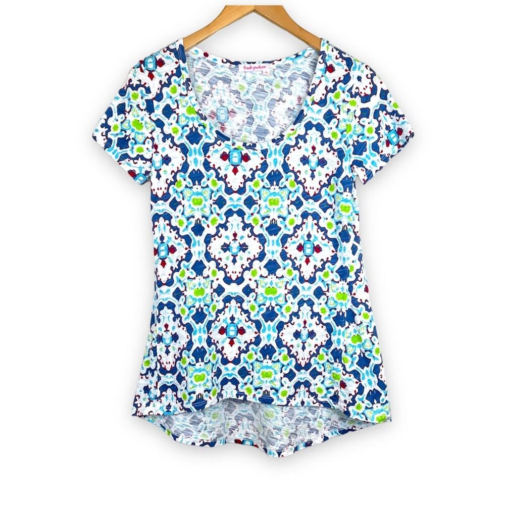 Fresh produce blouse women's XS geometric print short sleeve blue green beach